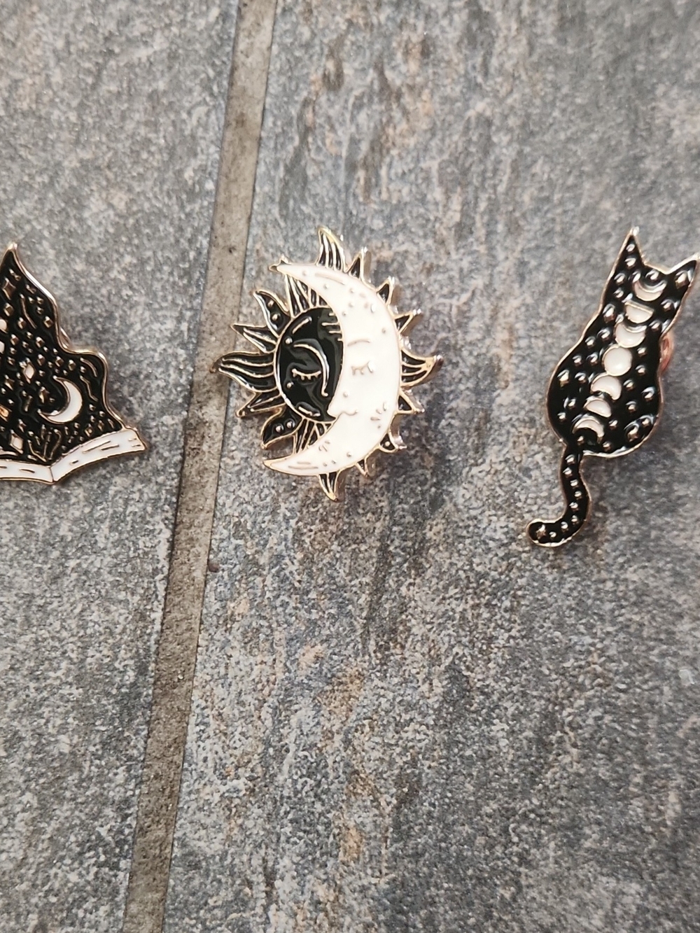Celestial Sun & Moon Enamel Pin Set Of 3 Gold and Black